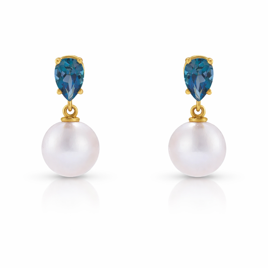 Akoya Pearl Earrings with Natural London Blue Topaz