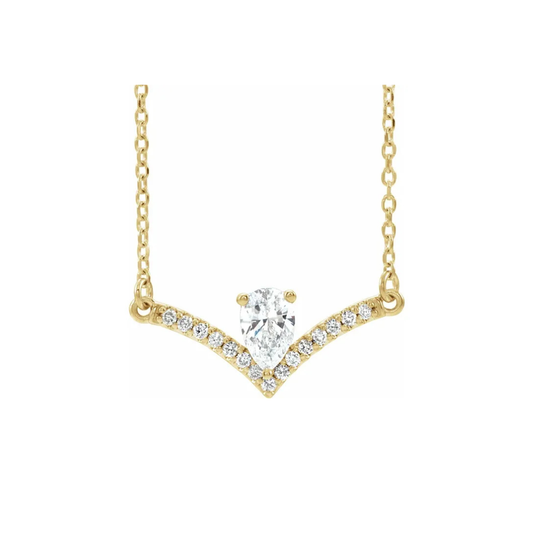 14K Gold Pear Natural Diamond V Bar Necklace