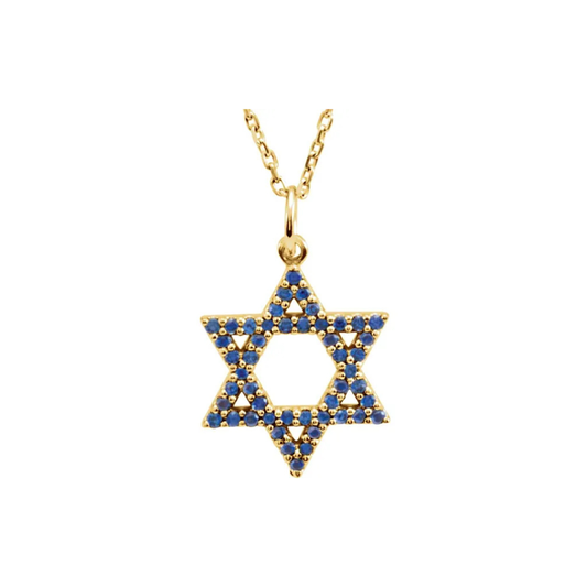 14K Gold Natural Blue Sapphire Star of David 16" Necklace
