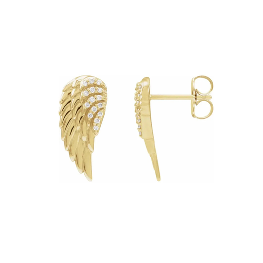 14K Solid Gold Natural Diamond Angel Wing Earrings