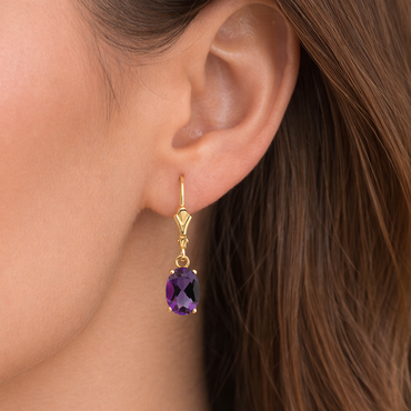 Natural Amethyst Drop Dangle Earrings 14K Yellow Gold Leverback