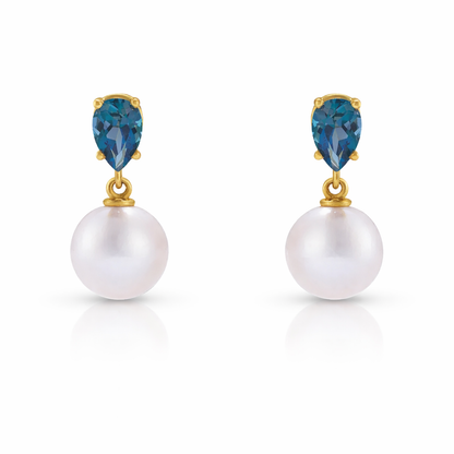 Akoya Pearl Earrings with Natural London Blue Topaz