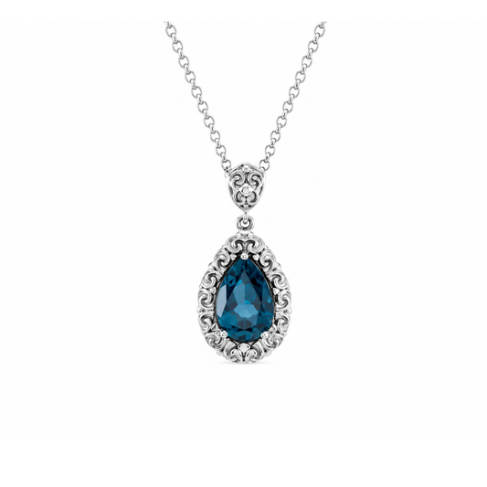 14K White Gold Natural London Blue Topaz Sculptural 18" Necklace