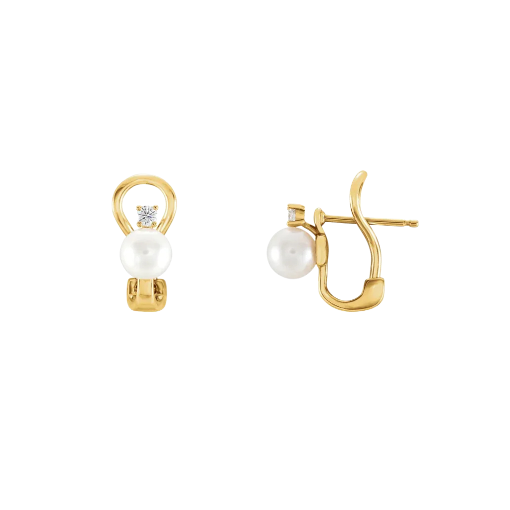 14K Gold Cultured White Freshwater Pearl & 0.12 CTW Natural Diamond Earrings