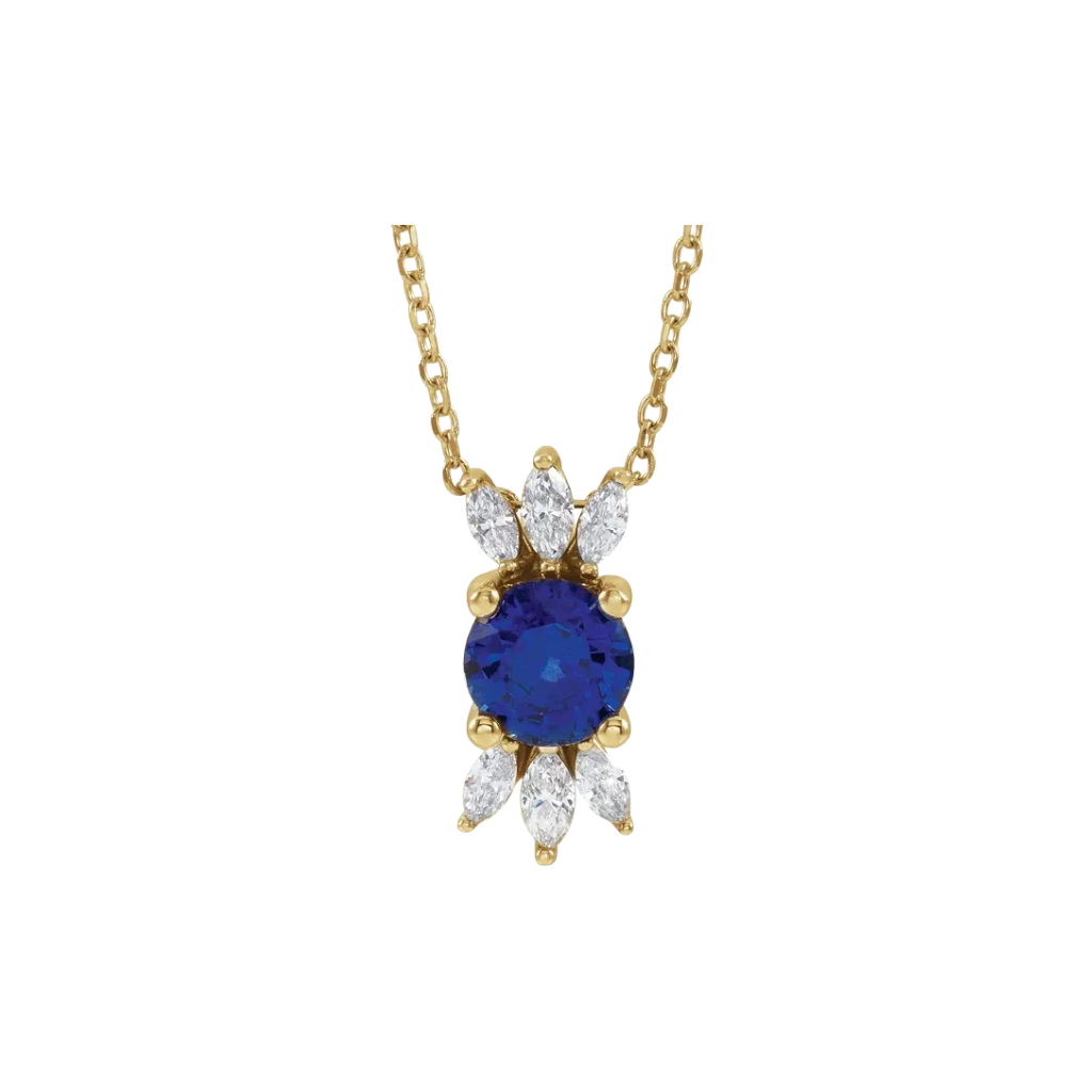 14K Gold Blue Sapphire & Natural Diamond Necklace 16-18"