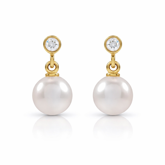 Akoya Pearl & Natural Diamond Earrings in Solid Yellow Gold