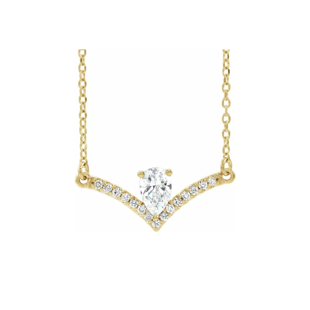 14K Gold Pear Natural Diamond V Bar Necklace