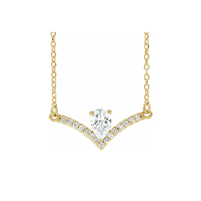 14K Gold Pear Natural Diamond V Bar Necklace