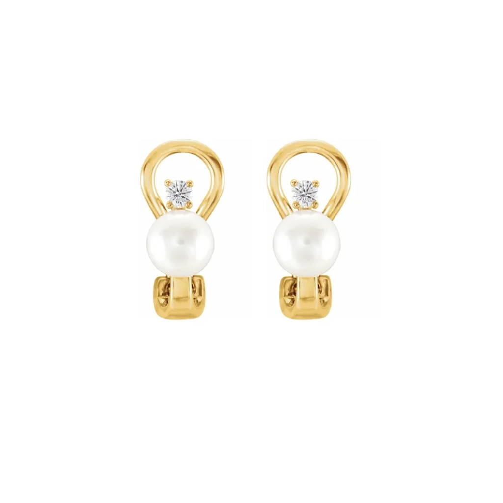 14K Gold Cultured White Freshwater Pearl & 0.12 CTW Natural Diamond Earrings