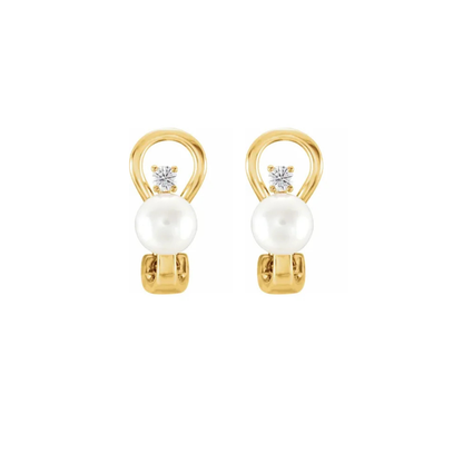 14K Gold Cultured White Freshwater Pearl & 0.12 CTW Natural Diamond Earrings