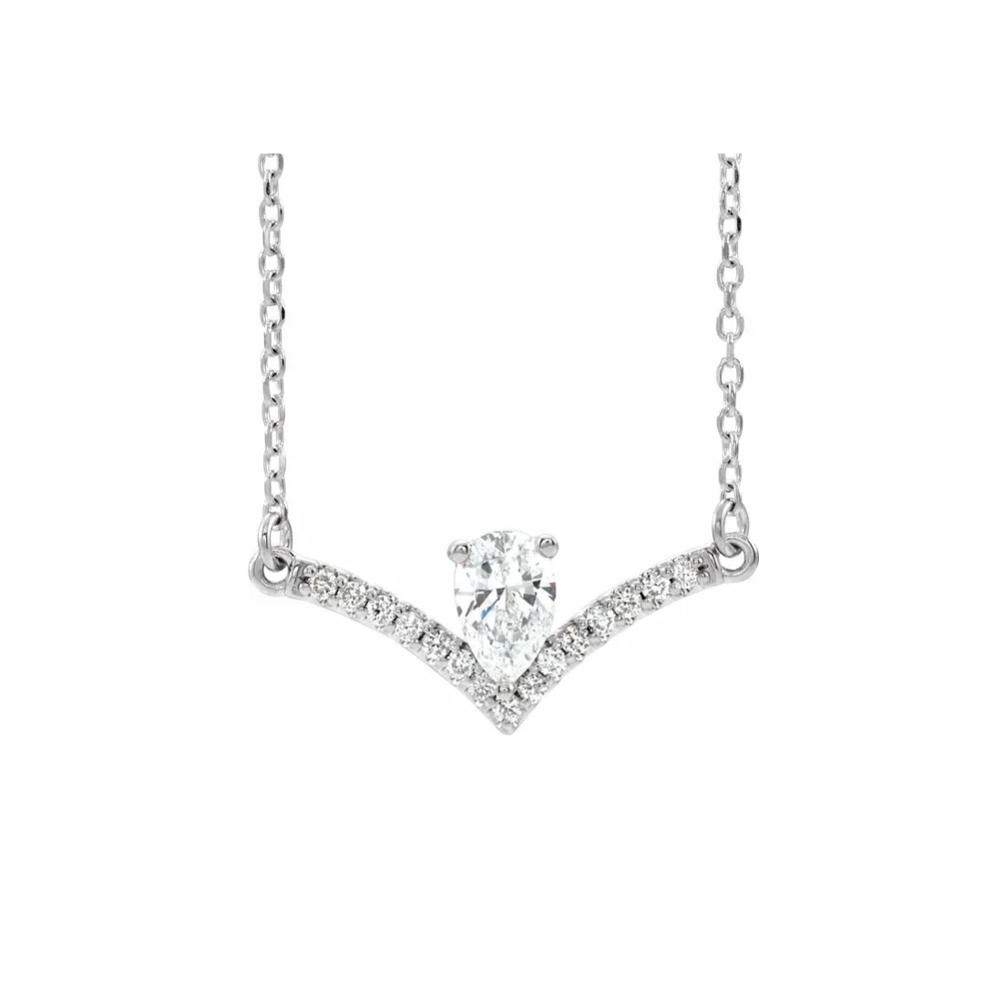 14K Gold Pear Natural Diamond V Bar Necklace