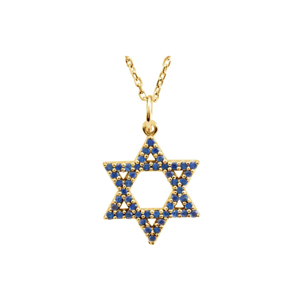 14K Gold Natural Blue Sapphire Star of David 16" Necklace