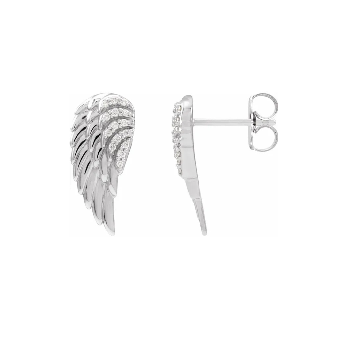 14K Solid Gold Natural Diamond Angel Wing Earrings