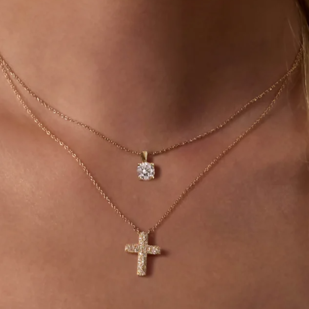 14K Yellow Gold Lab-Grown Diamond Cross Pendant Necklace, 18"