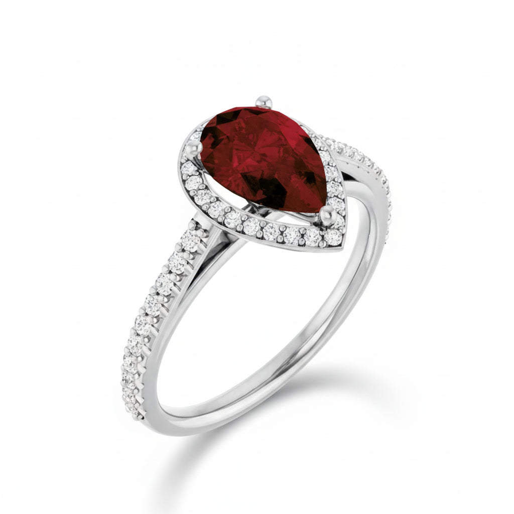 Classic Pear Garnet Halo Ring with Diamond Accents