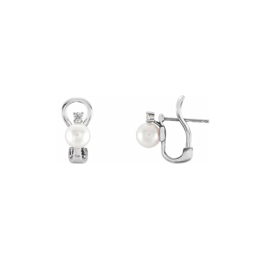 14K Gold Cultured White Freshwater Pearl & 0.12 CTW Natural Diamond Earrings