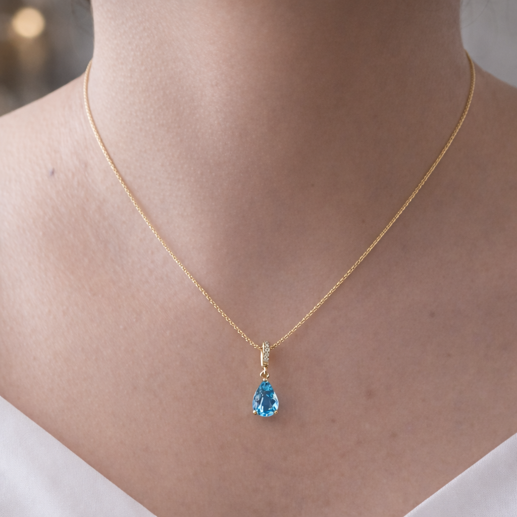 Blue Aquamarine & Diamond Pear Pendant