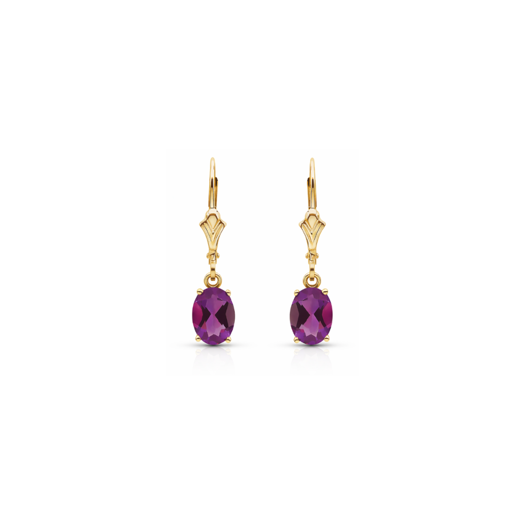 Natural Amethyst Drop Dangle Earrings 14K Yellow Gold Leverback