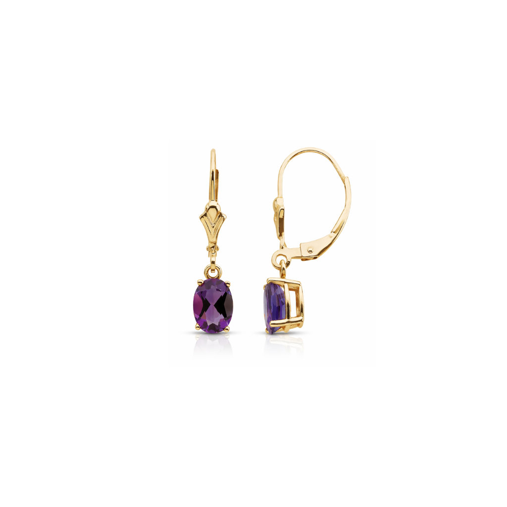 Natural Amethyst Drop Dangle Earrings 14K Yellow Gold Leverback