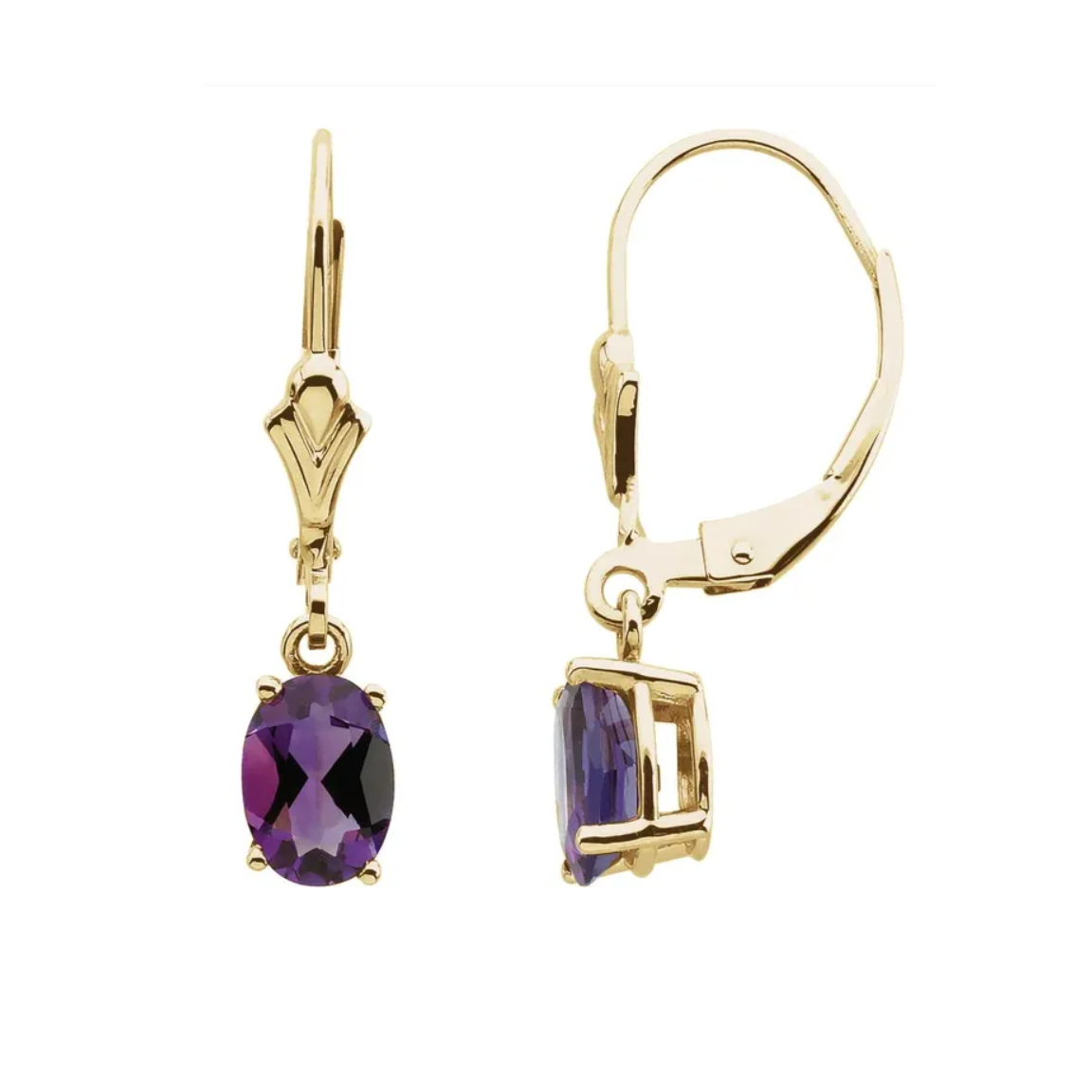 Natural Amethyst Drop Dangle Earrings 14K Yellow Gold Leverback