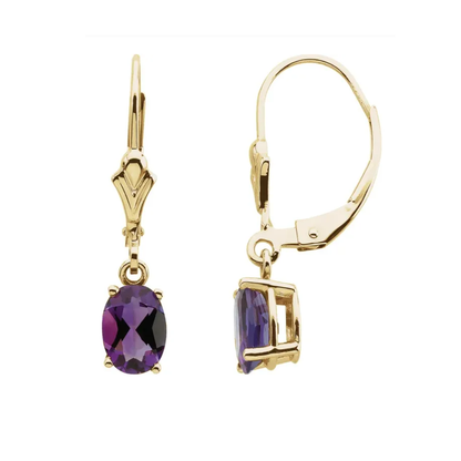 Natural Amethyst Drop Dangle Earrings 14K Yellow Gold Leverback