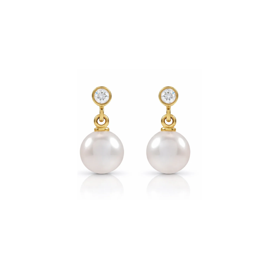Akoya Pearl & Natural Diamond Earrings in Solid Yellow Gold