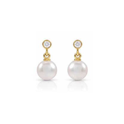 Akoya Pearl & Natural Diamond Earrings in Solid Yellow Gold