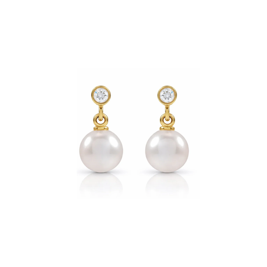 Akoya Pearl & Natural Diamond Earrings in Solid Yellow Gold