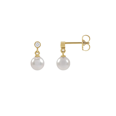 Akoya Pearl & Natural Diamond Earrings in Solid Yellow Gold