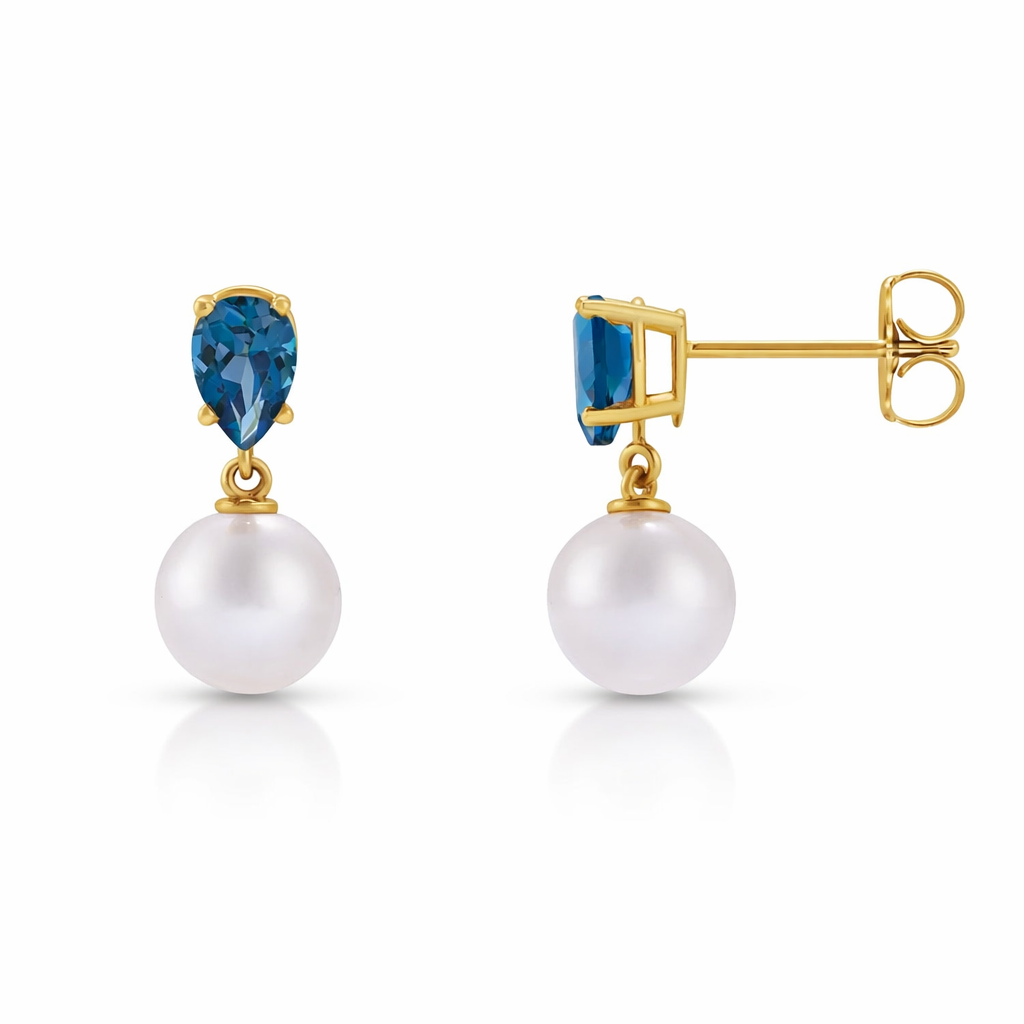 Akoya Pearl Earrings with Natural London Blue Topaz