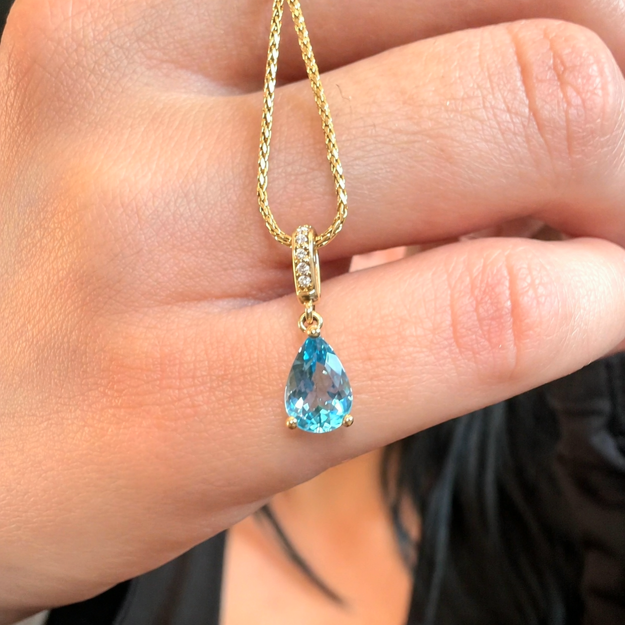 Blue Aquamarine & Diamond Pear Pendant Necklace
