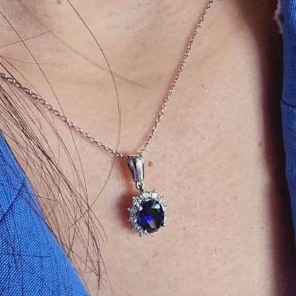 Oval Blue Sapphire & Diamond Accent Necklace Pendant