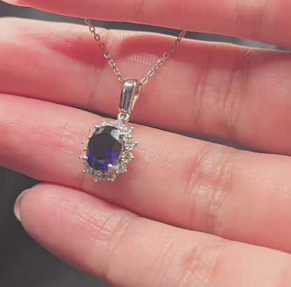 Oval Blue Sapphire & Diamond Accent Necklace Pendant