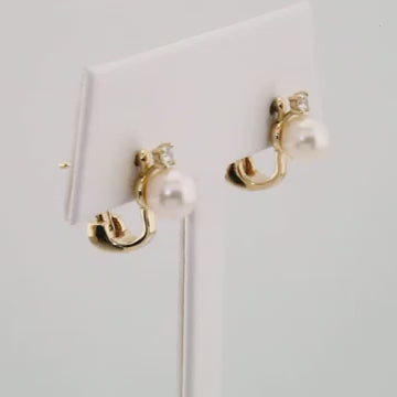 14K Gold Cultured White Freshwater Pearl & 0.12 CTW Natural Diamond Earrings