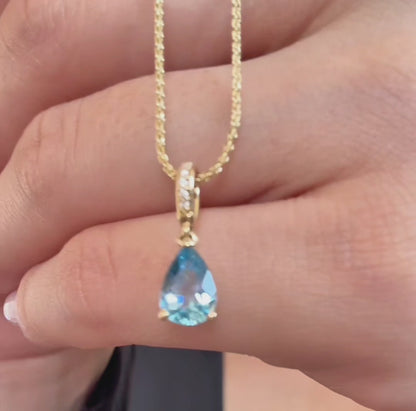 Blue Aquamarine & Diamond Pear Pendant Necklace