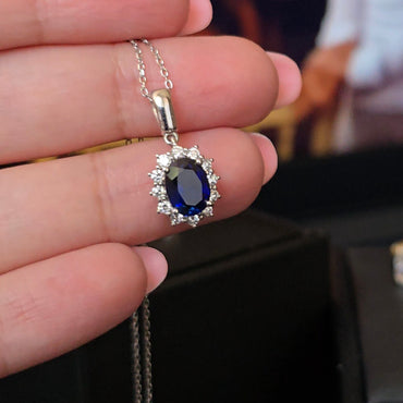 Oval Blue Sapphire & Diamond Accent Necklace Pendant
